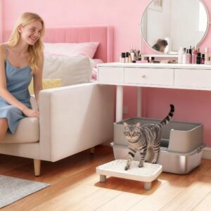 High-Sided Stainless Steel Cat Litter Box with Scoop