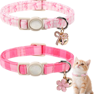 2 Pack Pink Cat Collars  Spring Summer Breakaway Cat Collar With Bell, Bow And Flower Pend