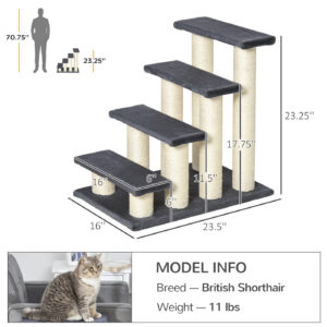 4-Step Cat Stairs for High Beds with Sisal Scratching Post