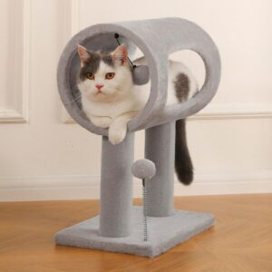 Gray Indoor Cat Tree with Tunnel Bed and Scratching Post