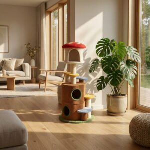 Mushroom Cat Tree with Large Condo, Platform and Ladder